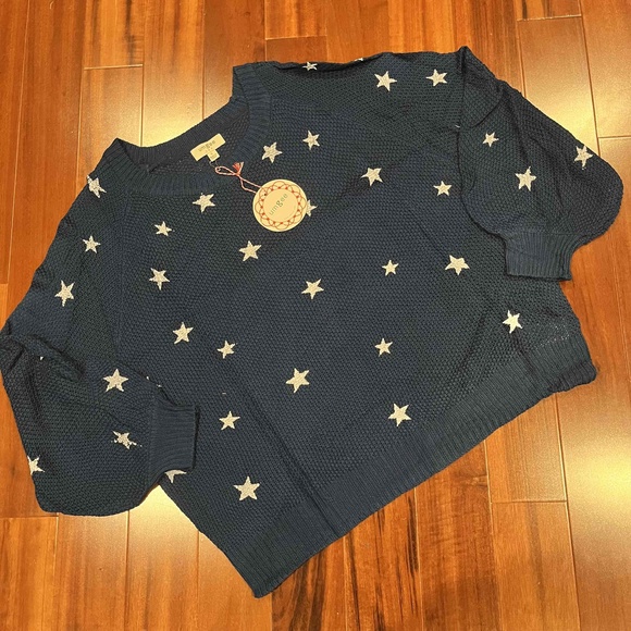 Umgee Sweaters - Umgee Star Print Sweater Peacock Navy Blue Long Sleeve Textured Knit New Small